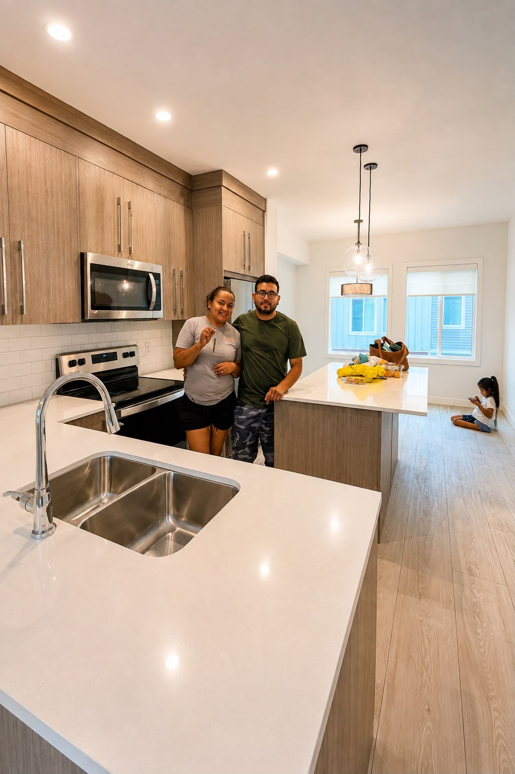 Familia de clientes de Fully Homes en su nuevo hogar en Calgary